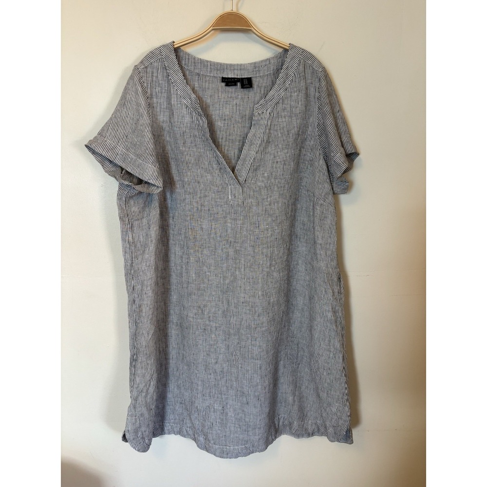 Tahari 100% Linen Shift Dress Short Sleeve Split Neck 1X Preppy Vacation Striped
